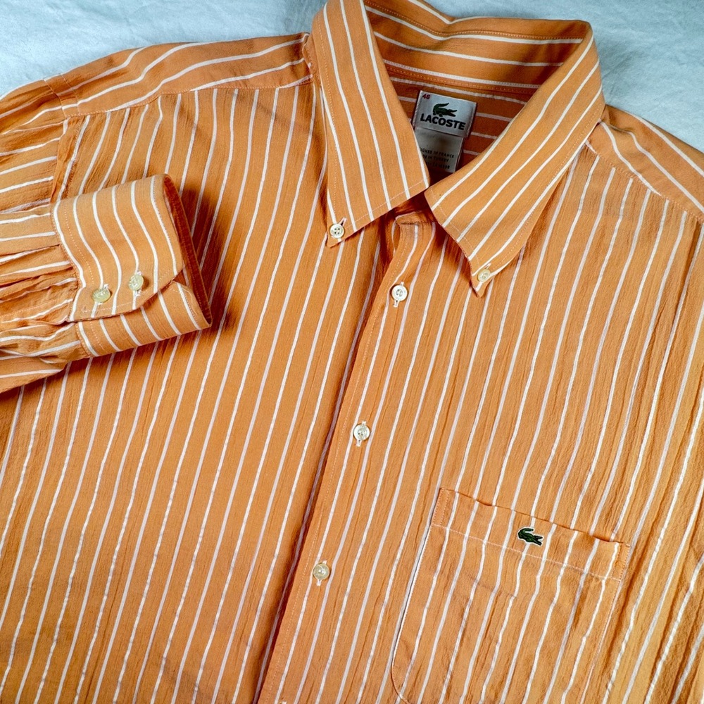 Lacoste Button Down Shirt Men 46XL Coral/Peach White Striped Short Sleeve Cotton